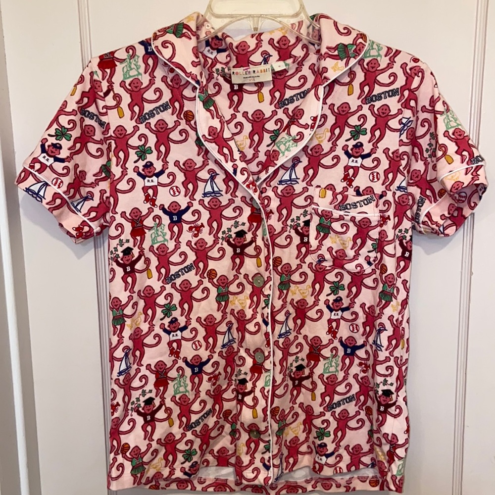 New ROLLER RABBIT PINK BOSTON MONKEYS POLO PAJAMAS TOP SZ MED PREPPY COTTON PJ - Picture 2 of 16